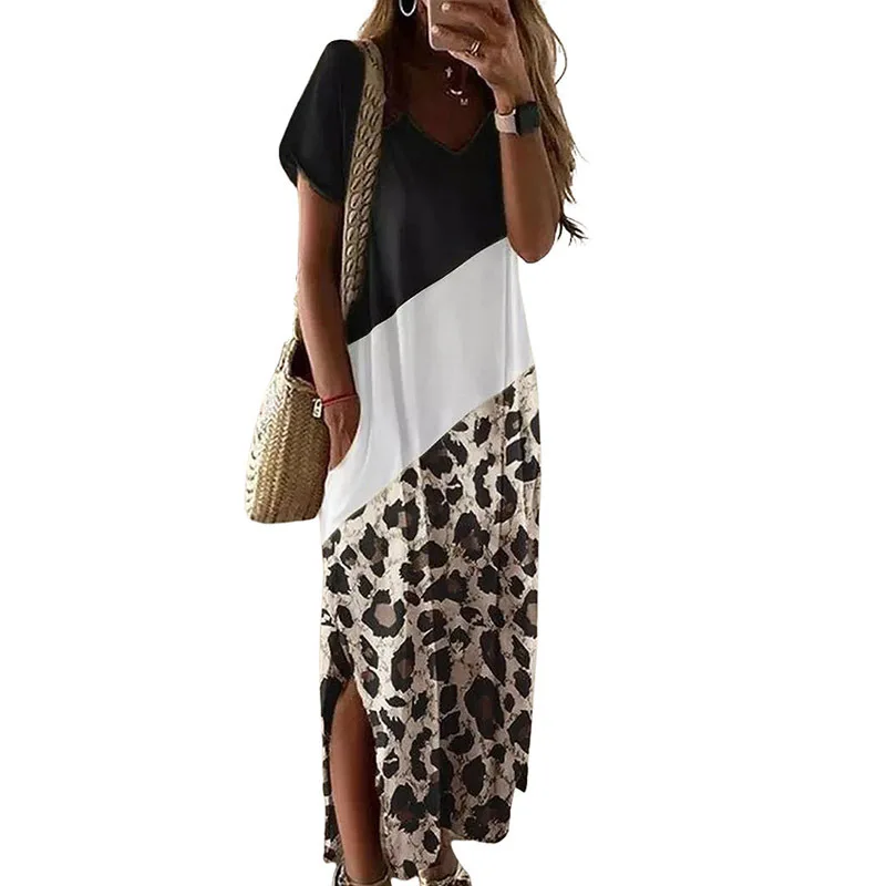 Holiday Sexy Women Long Maxi Dresses Short Sleeve T Shirt Dress Hawaiian V Neck