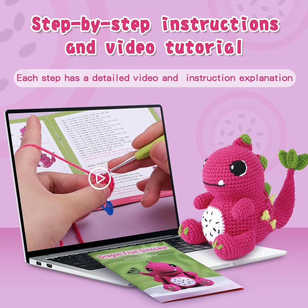 Zxiixz Crochet Animal Kit Dragon Fruit Color Knitting Kit with Step-by-Step Video Tutorials Yarn Crochet Hooks