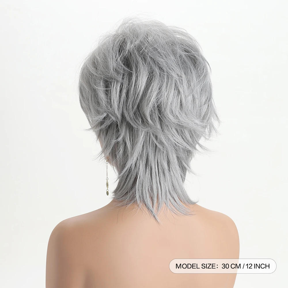 Perruque Synthétique Courte Gris Foncé Avec Frange - Style Pixie, 30cm, Neuve