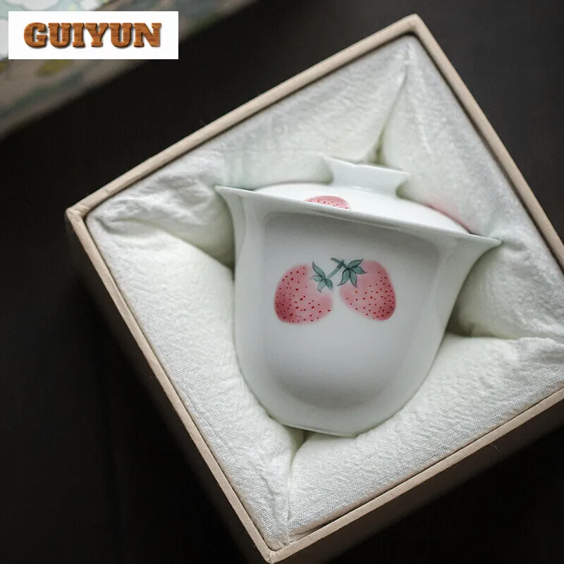 120ml Hand-painted Strawberry Gaiwan Japanese Pink Literati Tea Tureen Chinese Tea Brewing Cover Bowl Drinkware Supplies Craft
