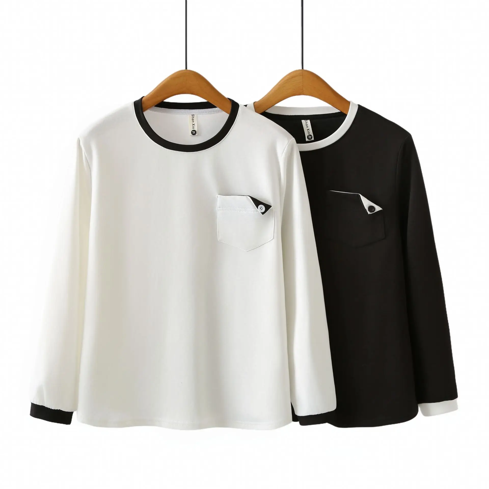 Fashion Plus Size Women's T-Shirt Autumn New Style Simple Color Contrast Pocket Decoration Long Sleeve Tops 818