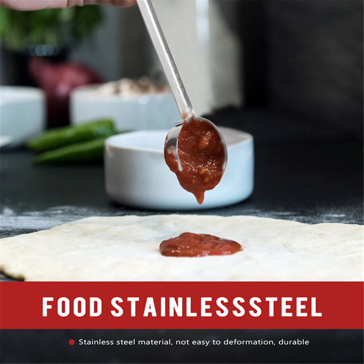 Pizza Spread Sauce Ladle Rubber Handle Flat Bottom Kitchen Cooking Spoon Stainless Steel Measuring Stir Soup Spoon -2 Oz kitchen measuring spoons measuring spoon set stainless steel ladle