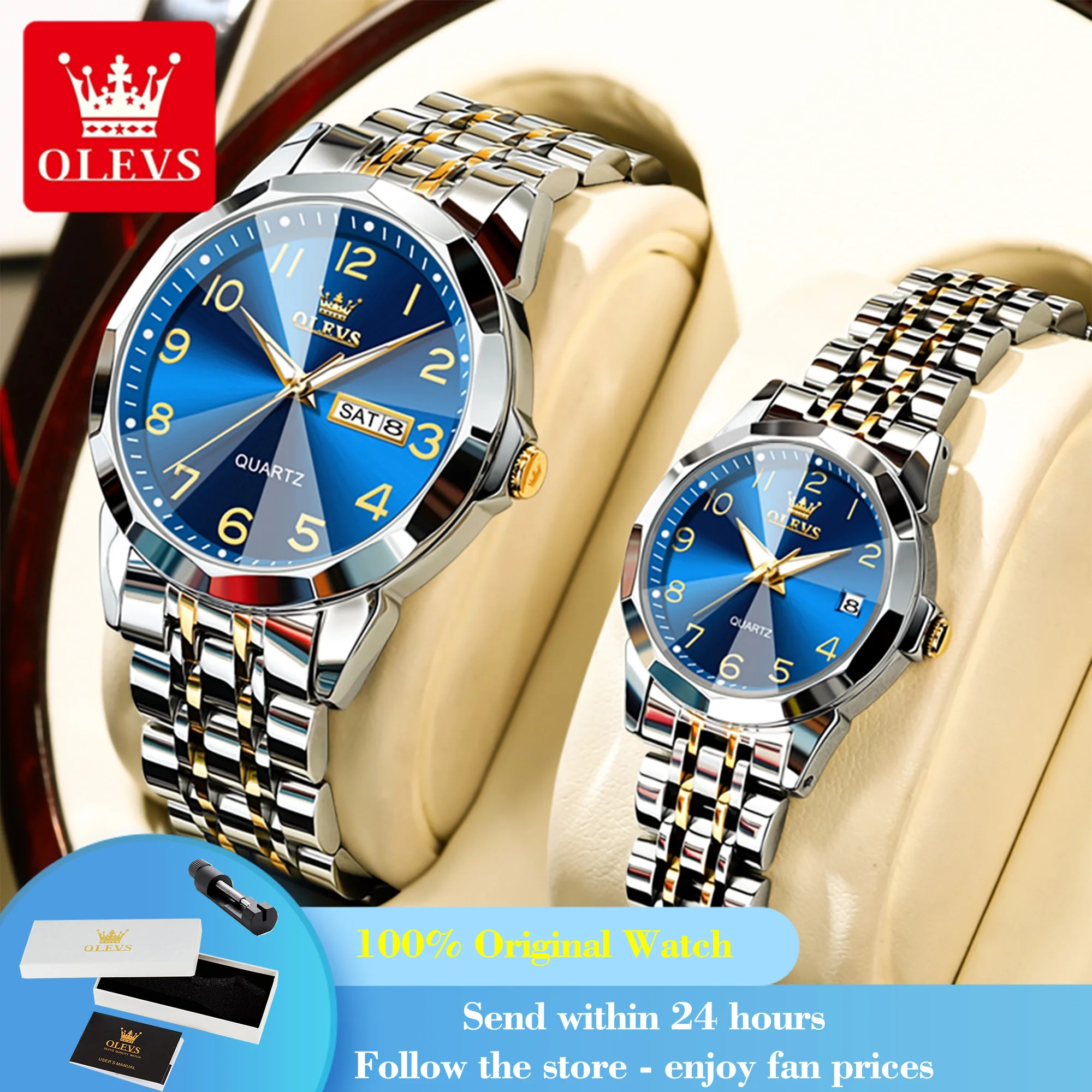 OLEVS 9970 Couple Watches Number Scale Week Calendar Waterproof Quartz Watch For Men Women Rhombus Mirror Stainless Steel Watch