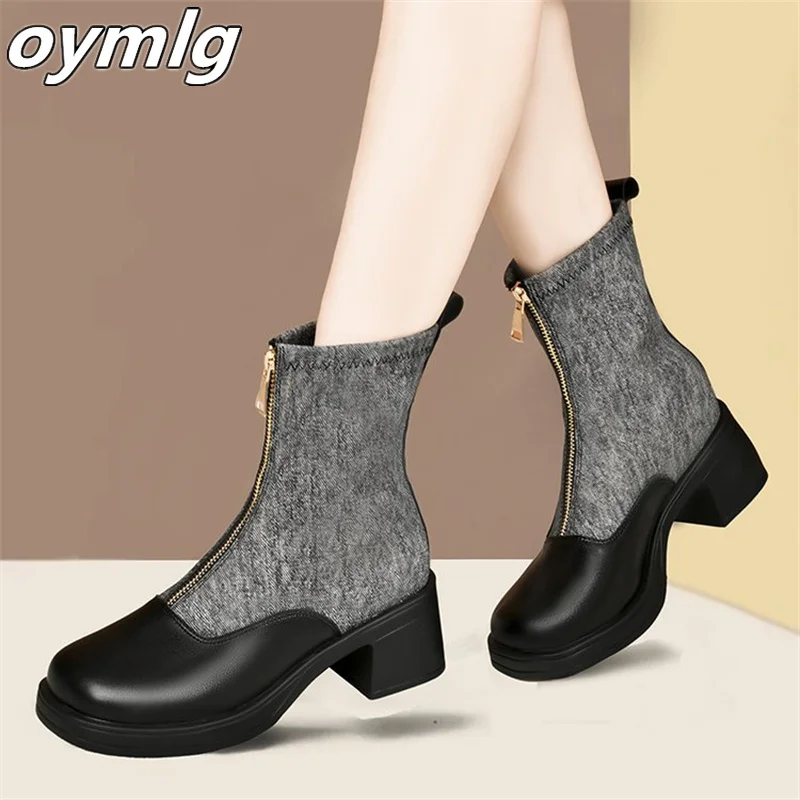 Front zippered mid length boots for women 2023 New Knight Fashion Boots Black Thick Bottom Cheshire Short Boots for women