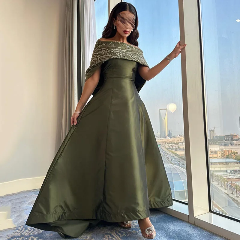 

Smileven Green Evening Dresses A Line Off The Shoulder Satin Saudi Arabic Prom Gowns Off The Shoulder Formal Occasion Dress