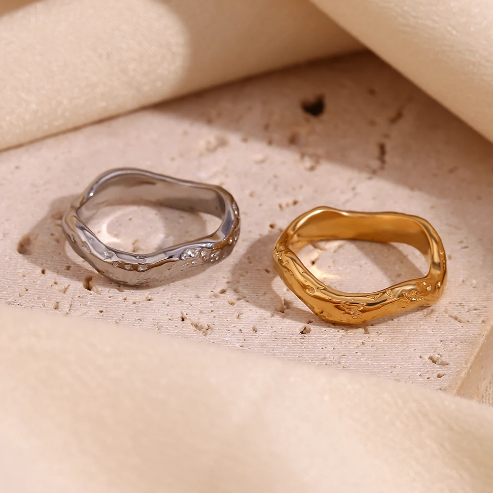 E.B.belle Beat Pattern Wave Plain Ring Waterproof Tarnish Free 18K Gold Plated Women's Rings 316L Stainless Steel Accessories
