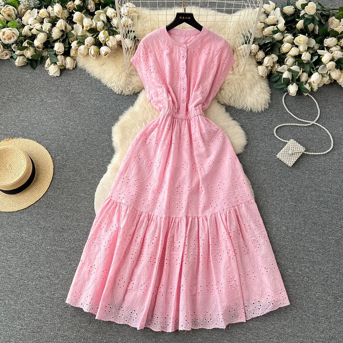 

Croysier Summer Dresses For Women Front Buttoned Round Neck Cutwork Embroidery Dress Cap Sleeve Ruffle Hem Casual Midi Dress