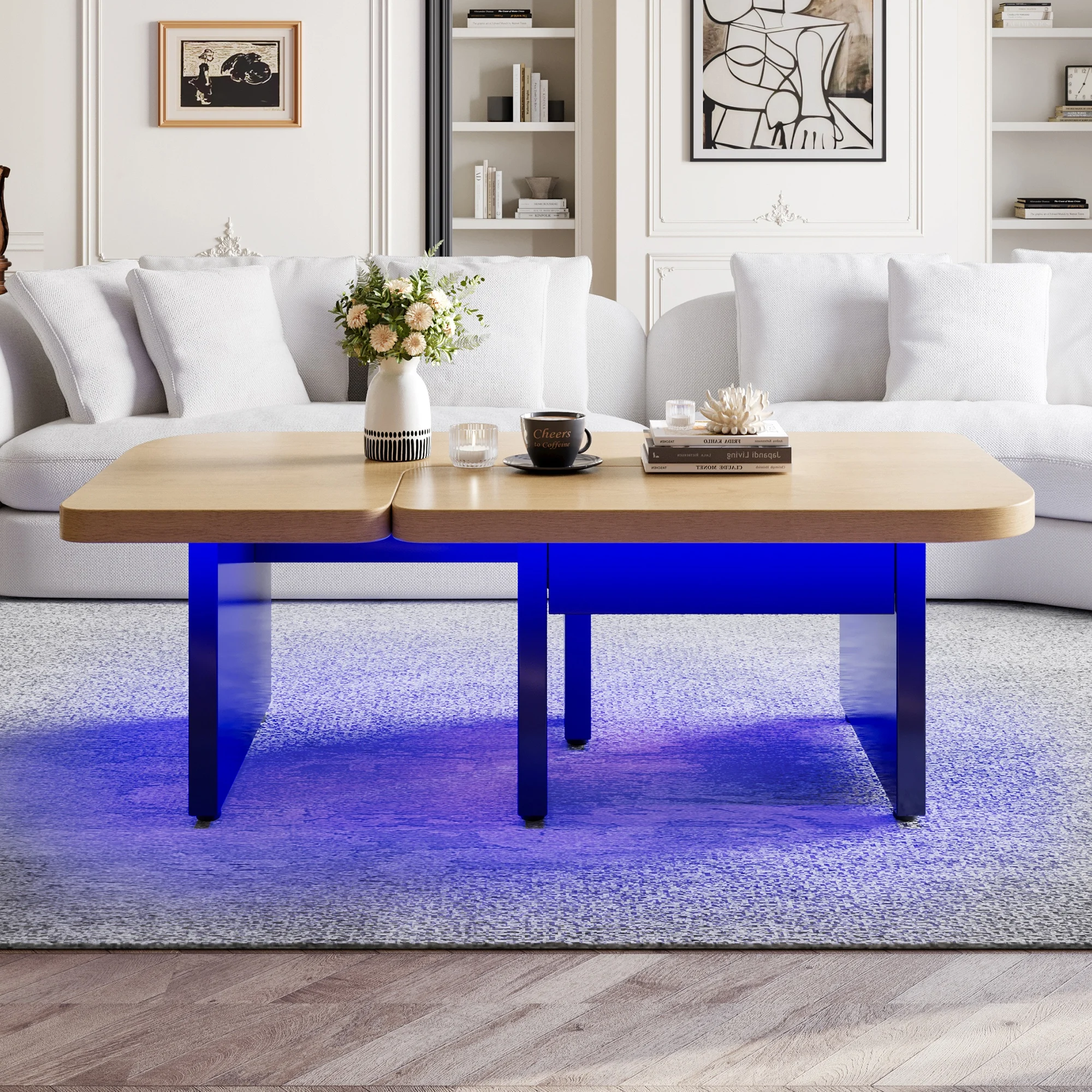 LVHOM Couchtisch im modernen Stil aus Massivholz, mit LED-Design, 2 Schubladen und höhenverstellbaren Füßen. – Detail 7