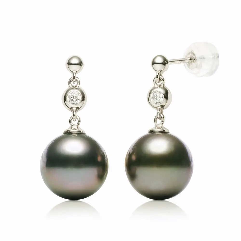 

Round 10.3mm Black Tahitian Saltwater Pearl Drop Earrings 14k Solid White Gold