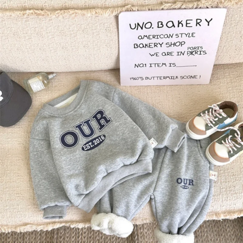 

Boys Sweatshirts +Pants Kids Suits 2PCS/Set Cotton 2024 Velvet Spring Autumn Cotton Jogging Suit Teenagers Children Clothing