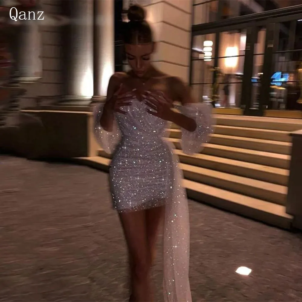 

Qanz White Short Cocktail Dresses Sparkle Stain Detachable Sleeves Mini Mermaid Prom Dress Long Train Corset Dress Party Night