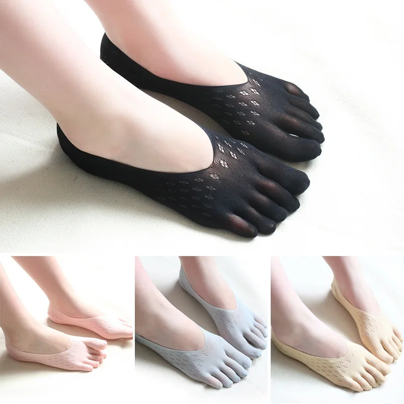 

5 Pairs Summer 5 Finger No Show Socks Woman Nylon Solid Thin Mesh Breathable Shallow Mouth Deodorant Invisible Toes Silk Socks