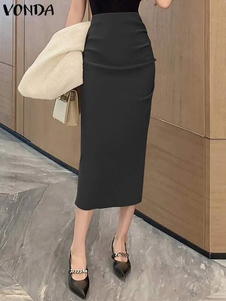 

VONDA Women Skirts 2023 Summer High Waist Solid Color Skirt Elegant Office Streetwear Casual Zipper Pleated Ruffled Midi Bottoms