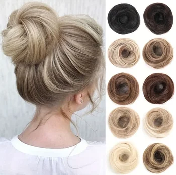 Chignon Sintetico Effetto Disordinato, Donut Voluminoso, Elegante Chignon con Elastico, Pezzo di Capelli Finto per Donna