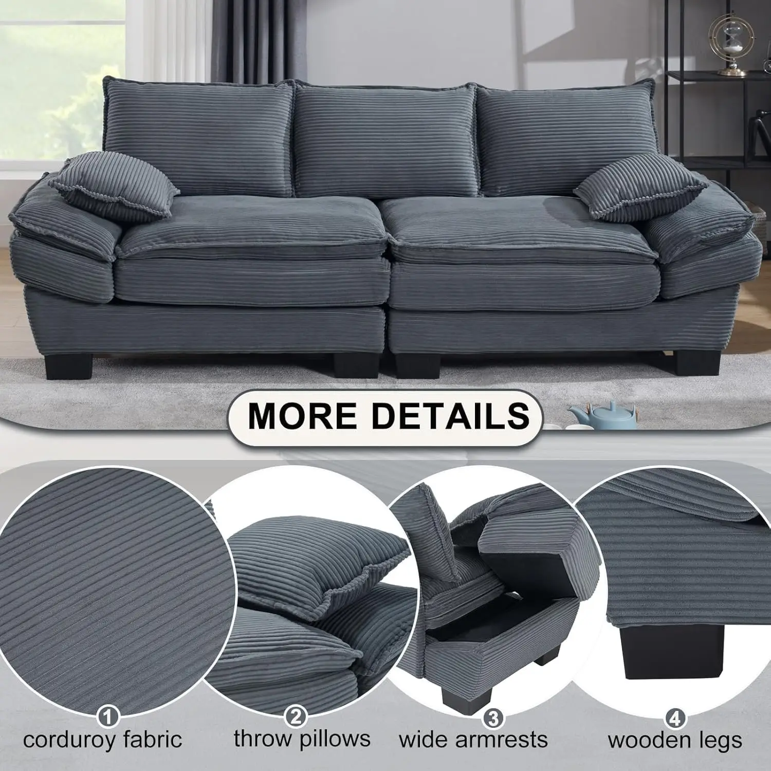 90" Oversized Loveseat Sofa Modern Corduroy Loveseat Couch Comfy Deep Seat Upholstered Sectional Sofa with Pillows