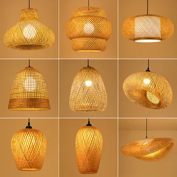 LED Handmade Rattan Chandelier Round Straw Hat Bamboo Lamp 1