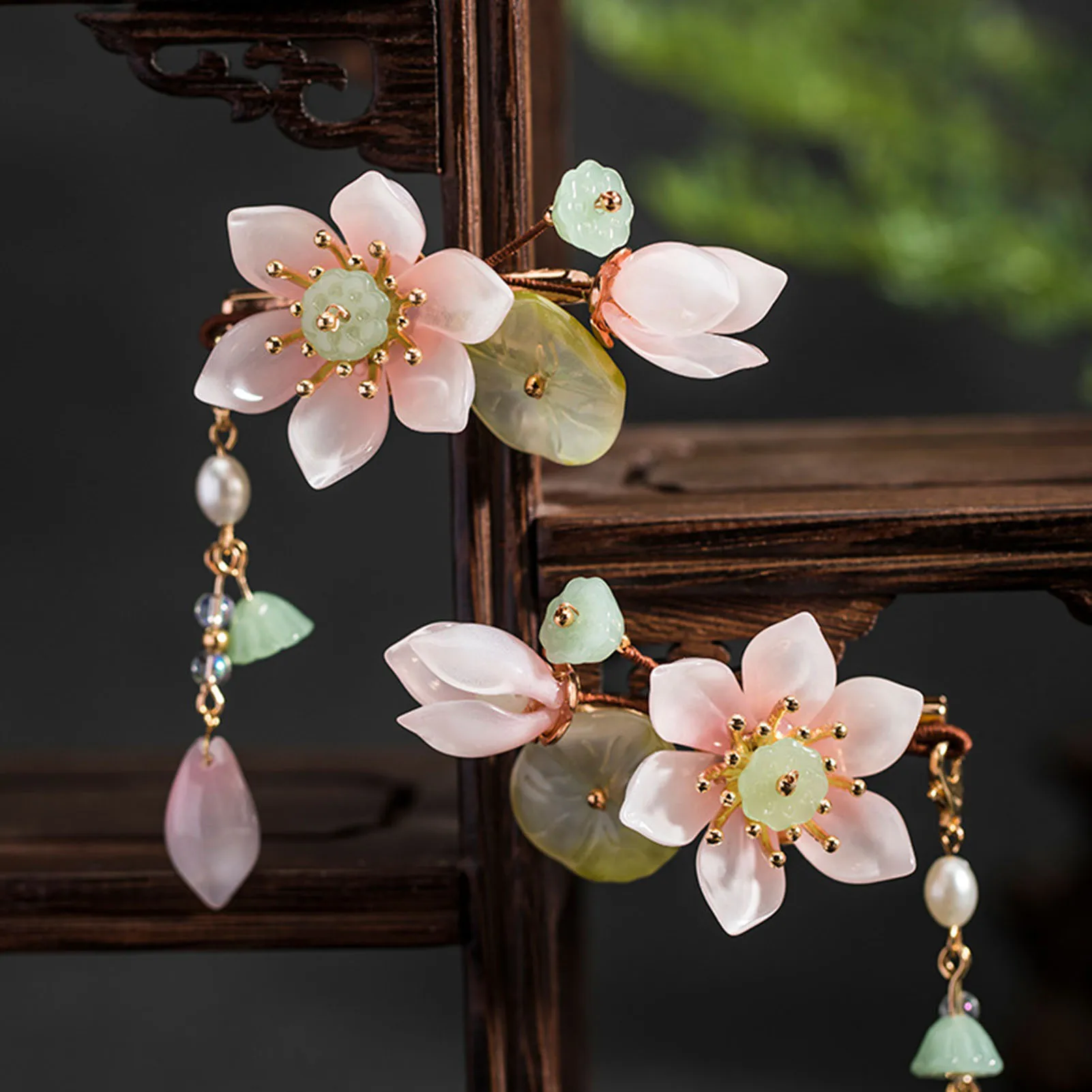 2 Stück Lotusblüten-Haarspangen für Mädchen, Blumen-Haarnadeln, chinesische Hanfu-Haarspangen für Frauen, Perlen-Quasten-Haarspangen, Mädchen-Kopfschmuck – Detail 2