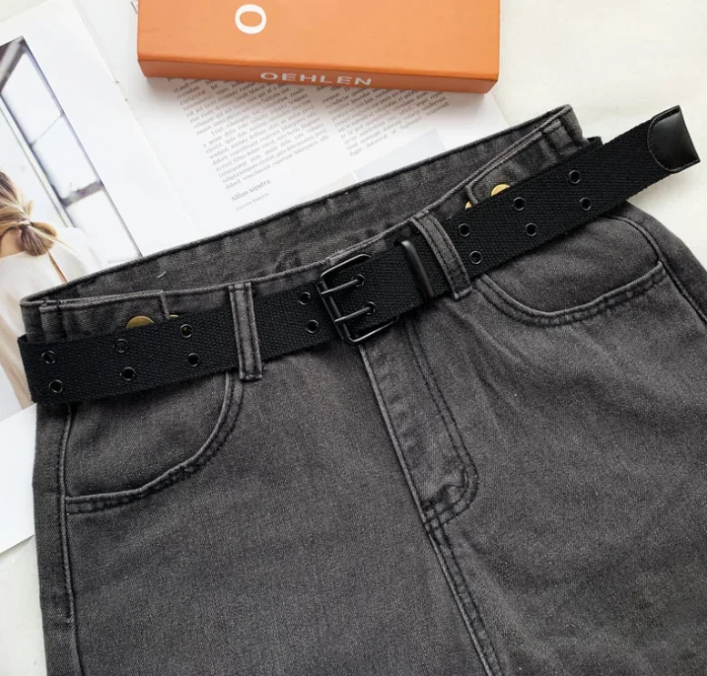 Fashion Contracted Style Double Grommet Hole Buckle Belt Wide Canvas Web Belt Female Male Waist Strap Belts for Women Men Jeans