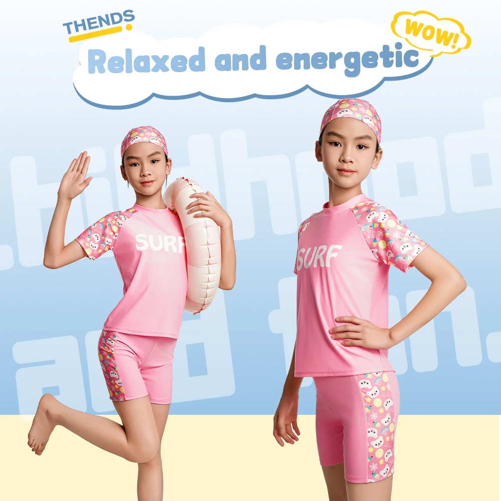 Cartoon Print Kids Girls Swimwear Girl Swimsuit Children Three-Piece Suits Split Design Suitable For Girl Beachwear with Hat
