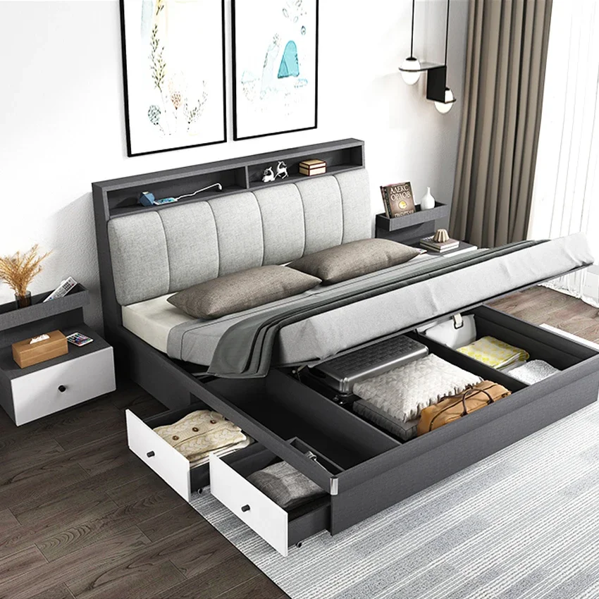 thumbnail image 1 of Juego de muebles para el hogar, cama de diseño moderno, tamaño Queen, dormitorio, Hotel, apartamento, con cajones, almacenamiento, cama King, 1 of 3