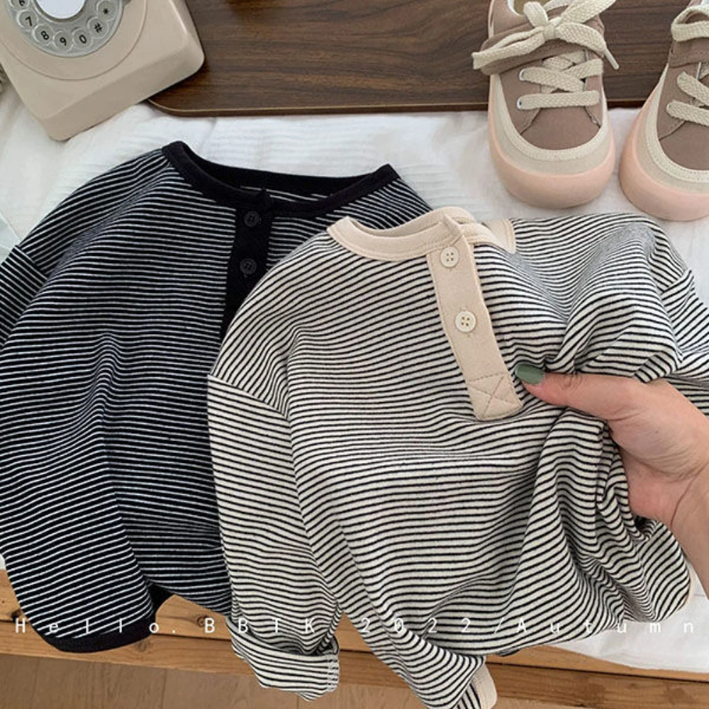 

Children's Spring Autumn Long-sleeved T-shirt Boys Girls Korean Striped T Children's Cotton Bottoming Shirt Baby Simple Top