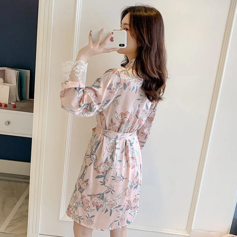 Ice Silk Pajamas Spring Kimono Long Sleeve Loose Women Sexy Bathrobe Female Sweet V-neck Nightdress Casual Mid-Length Homewear