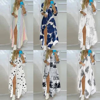 여성용 보호 셔츠 드레스, 턴다운 칼라, 싱글 브레스트 버튼, 불규칙한 롱 드레스, 섹시한 레터 프린트 맥시 드레스, 여름