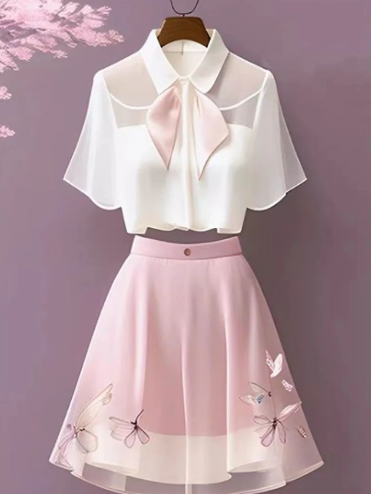 All-match Lapel Neck Short Sleeve Tops Women+ Y2k High Waist Butterfly ...