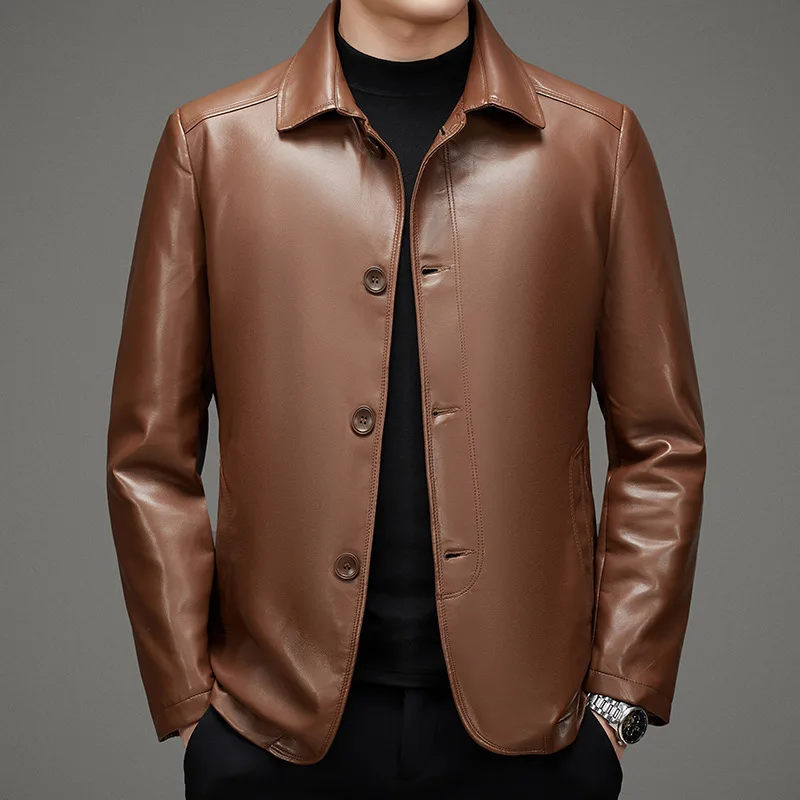 2023 New High-End Men Leather Jacket Middle-Aged Leisure Dad Leather Coat Lapel Casual Solid Color Large Size Outwear Trend