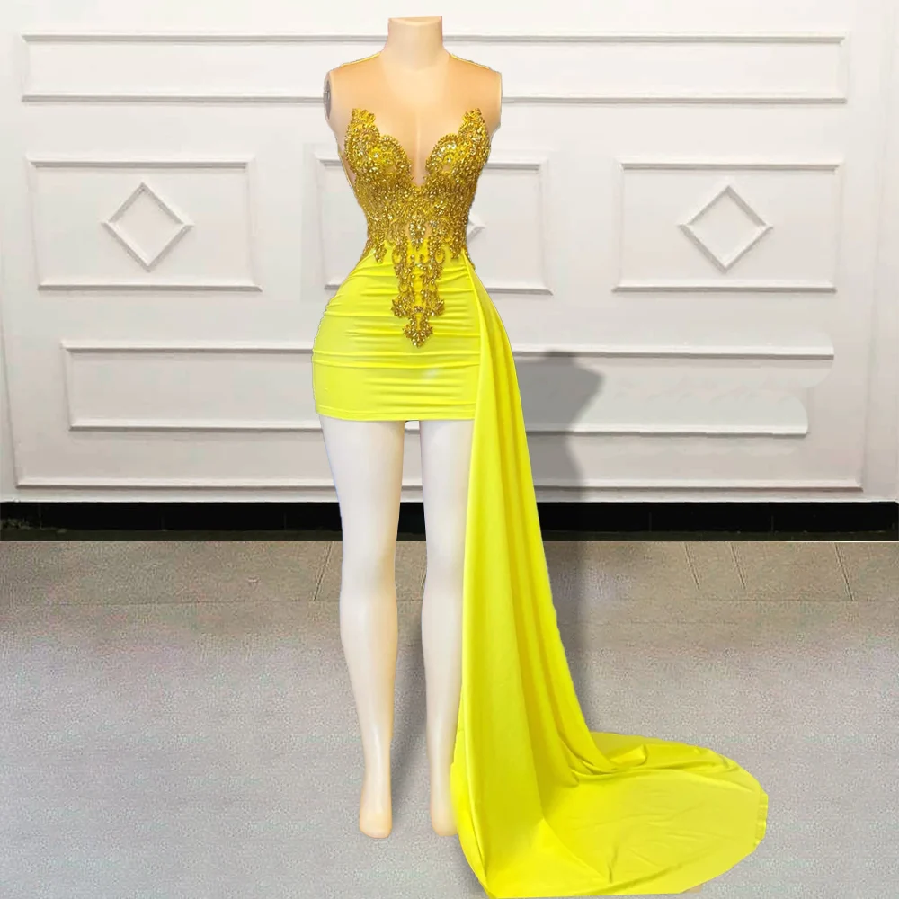 

Glitter Beaded Crystal Diamond Short Prom Dresses 2023 Yellow Sleeveless Sexy Black Girls Mini Cocktail Gowns for Birthday Party