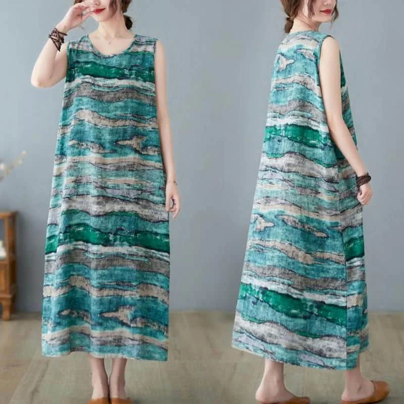 

Summer Dress Cotton Linen Oversized Vintage Swing Skirts Sleeveless A-line Loose Korean Style Mid-Calf Dress for Women Clothing