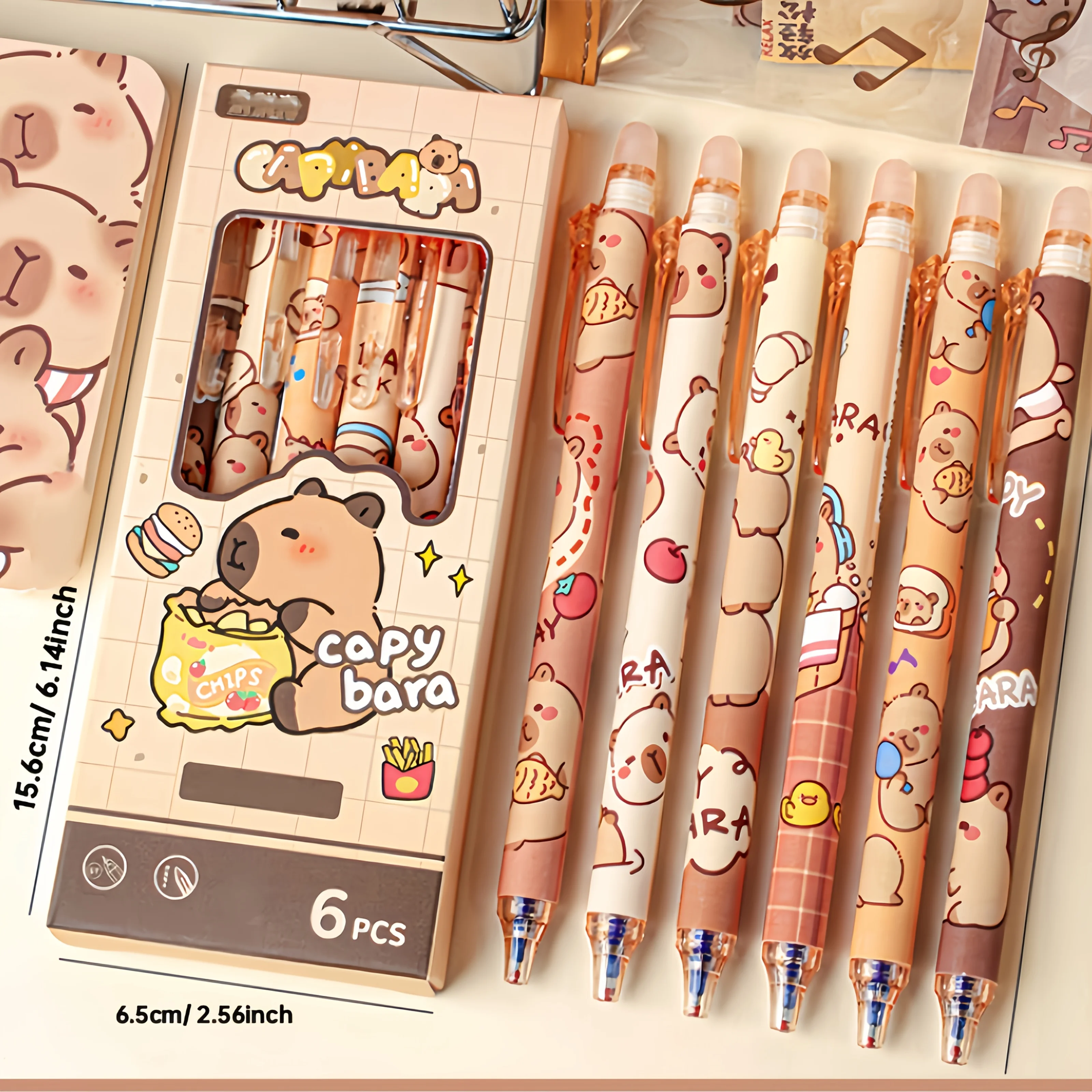 6pcs Capybara-Themed Erasable Pens And Stickers for Decoration,Featuring a 0.5Mm Fine Tip, Quick-Drying Ink, Retractable Design