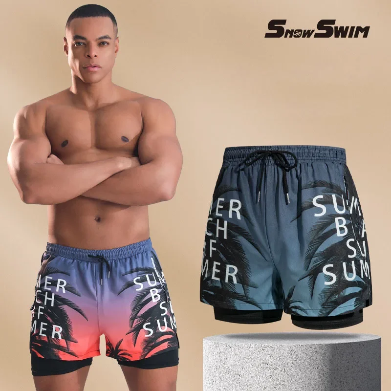 Swim Trunks Double-layer Swim Trunks Men Boxer Shorts Anti-embarrassment Lined Professional Beach Pants Adult Swim Gear