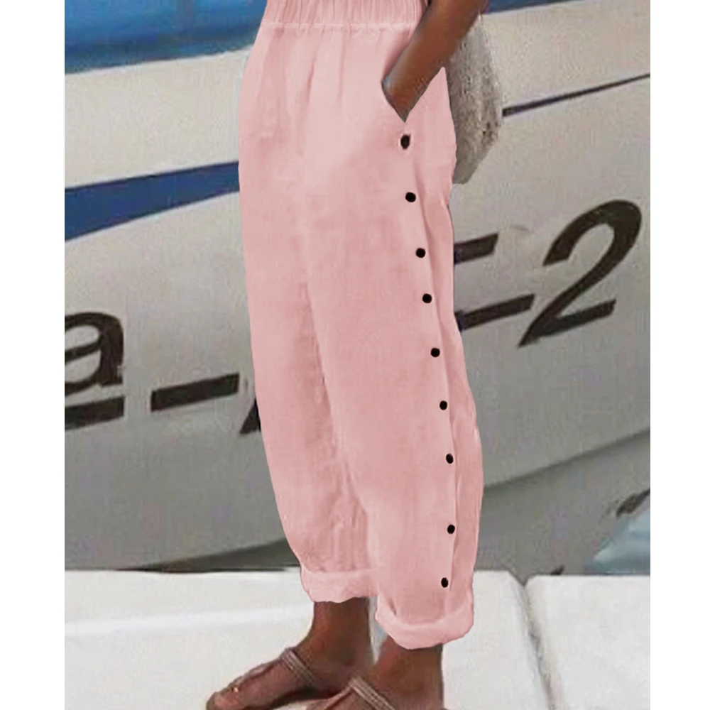 

Wepbel Side Button Design Pants Women Fashion Straight Solid Color Casual Loose Trousers High Waist Streetwear Pants Bottom