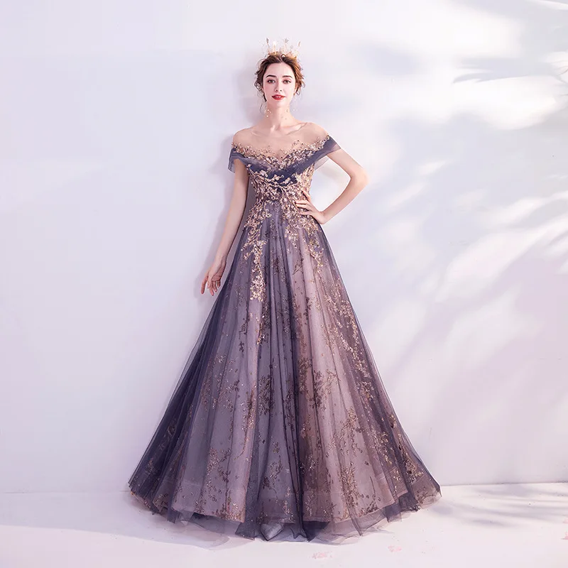 

Luxury Purple Women Evening Dresses Appliques Tulle Spaghetti Straps Prom Party Gowns Formal Vestido De Fiesta robes de soirée