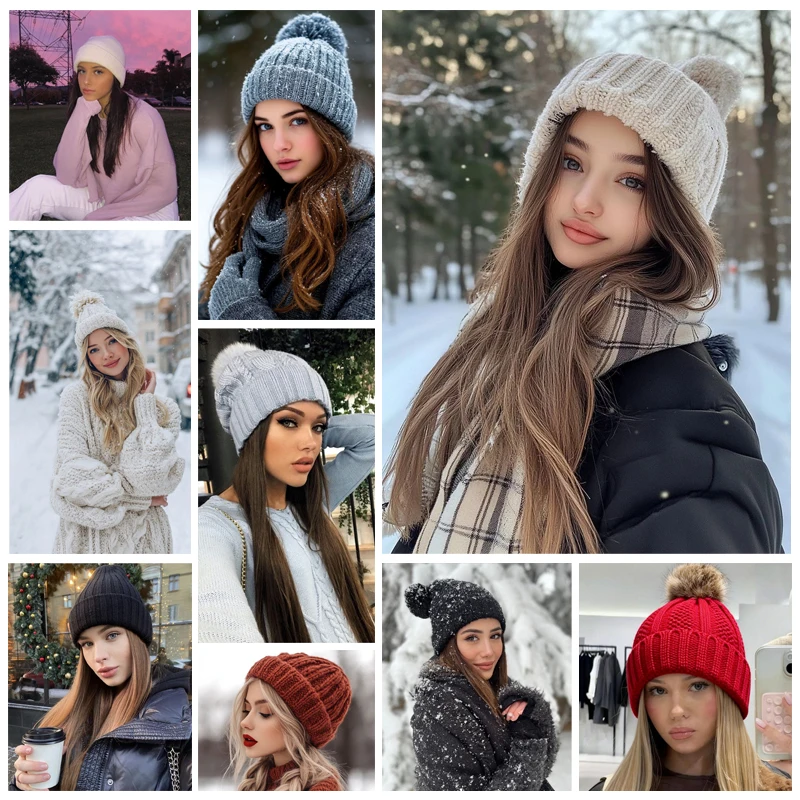 Beanie Hat Wig Hair Extensions Knit Beanie with Attached Long Straight Hair Synthetic Extensions Hairpiece for Women Winter Use