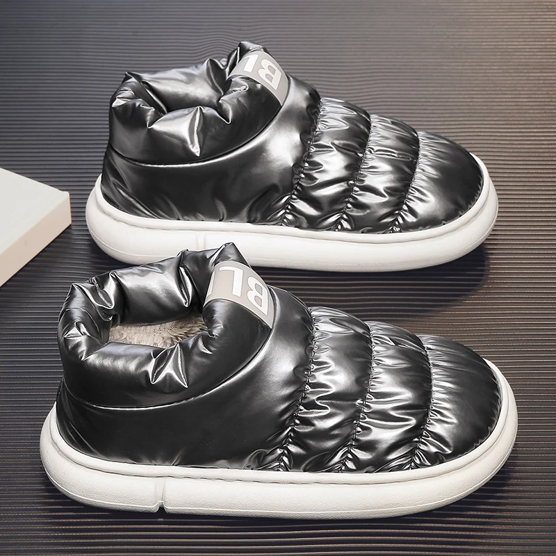 

New Design Silver Men Cotton Slippers Winter Plush Snow Boots Women Casual Loafers Comfort Warm Kids Slip-on Shoes Botas Mujer
