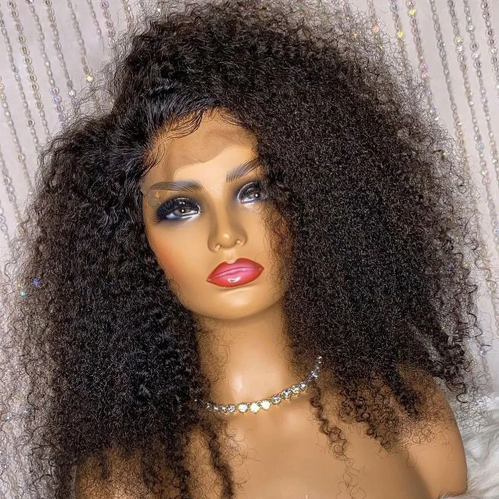 

Glueless Soft Natural Black 180% Density Kinky Curly Preplucked 26inch Long Lace Front Wig For Women BabyHair Daily Cosplay
