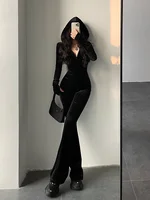 TVVOVVIN  Fashion Black Velvet Slim Hooded Zipper Long Sleeve Flare Pants Jumpsuit Rompers Korean Sexy Hot Tops 2023 9P64 - Image 5