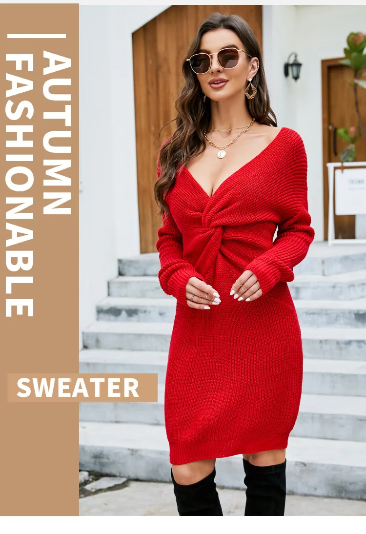 

Women's Knitted Sweater Dress 2023 Autumn And Winter New Solid Color Backless Fashion Medium Long Casual Plus-Size Knitted Dress
