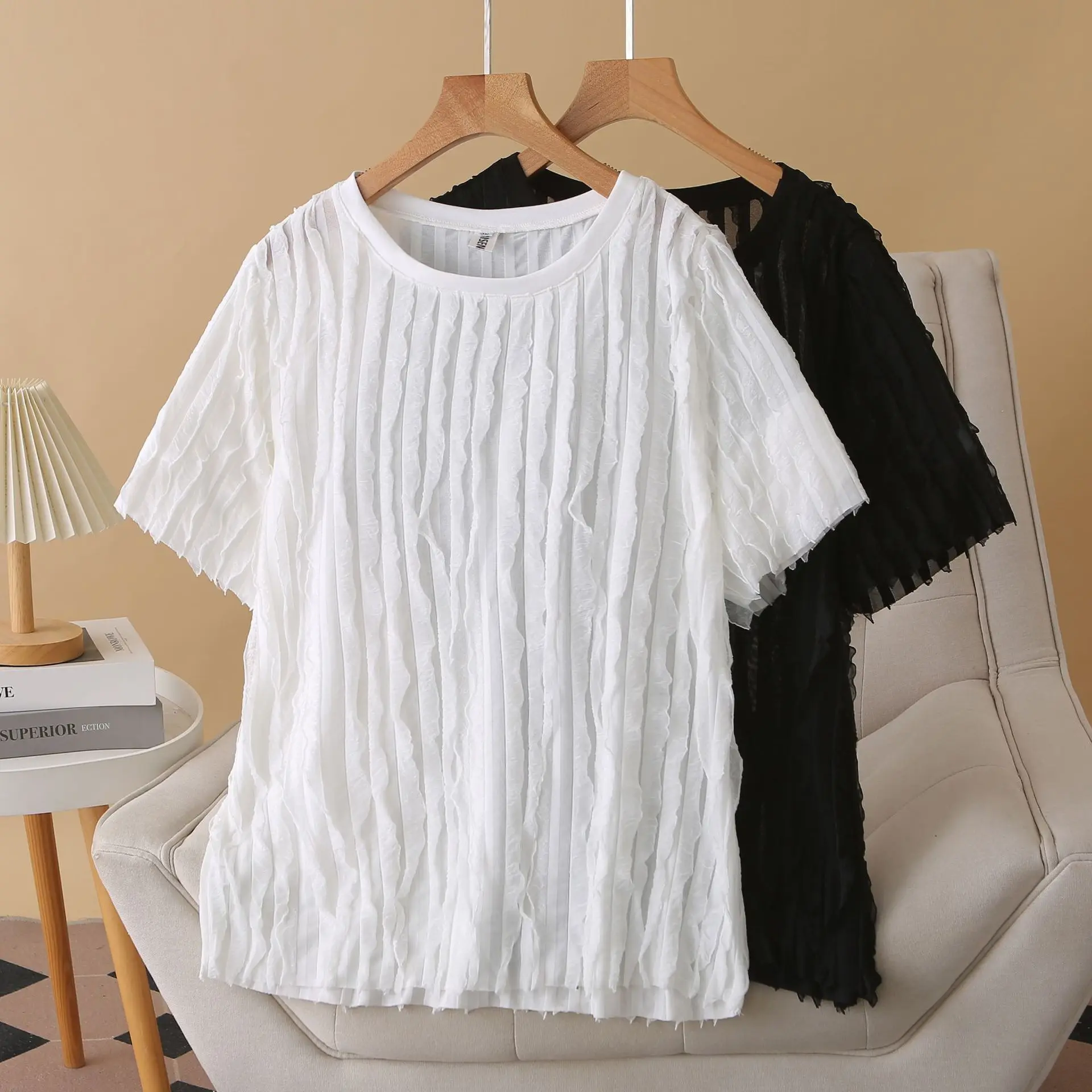 100KG Plus Size Women Top Summer New Stylish Casual three-dimensional Vertical Striped Short Sleeve Casual T-shirt 1684