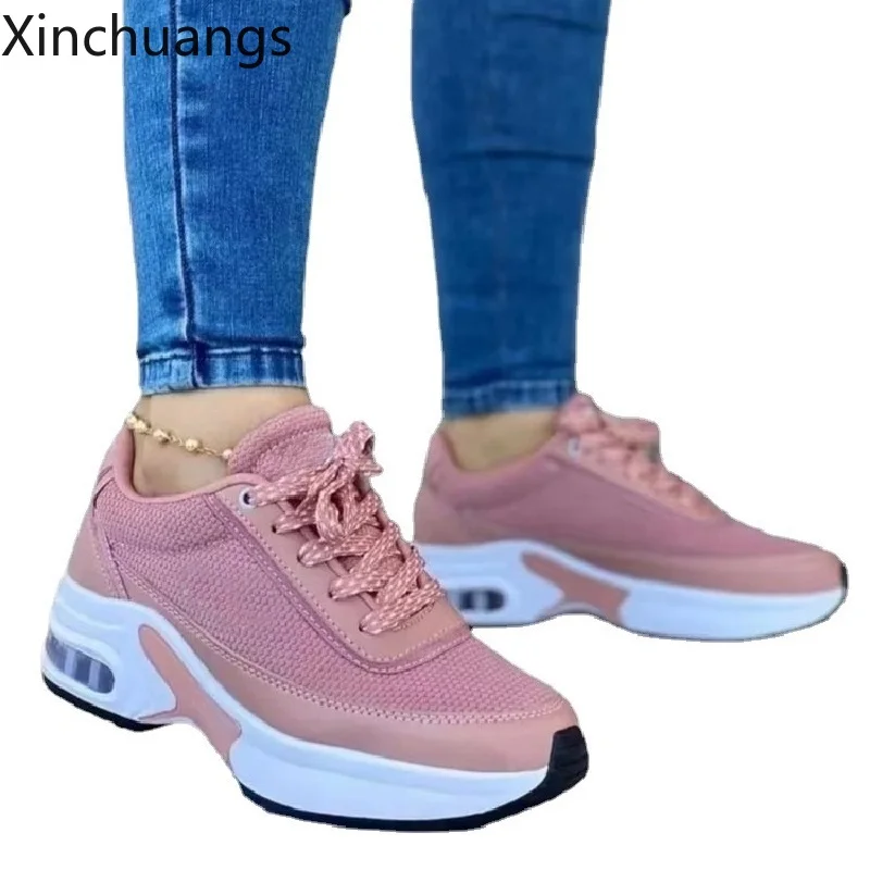 Women Breathable Mesh Soft Vulcanize Shoes Lace Up Wedge Platform Sneakers