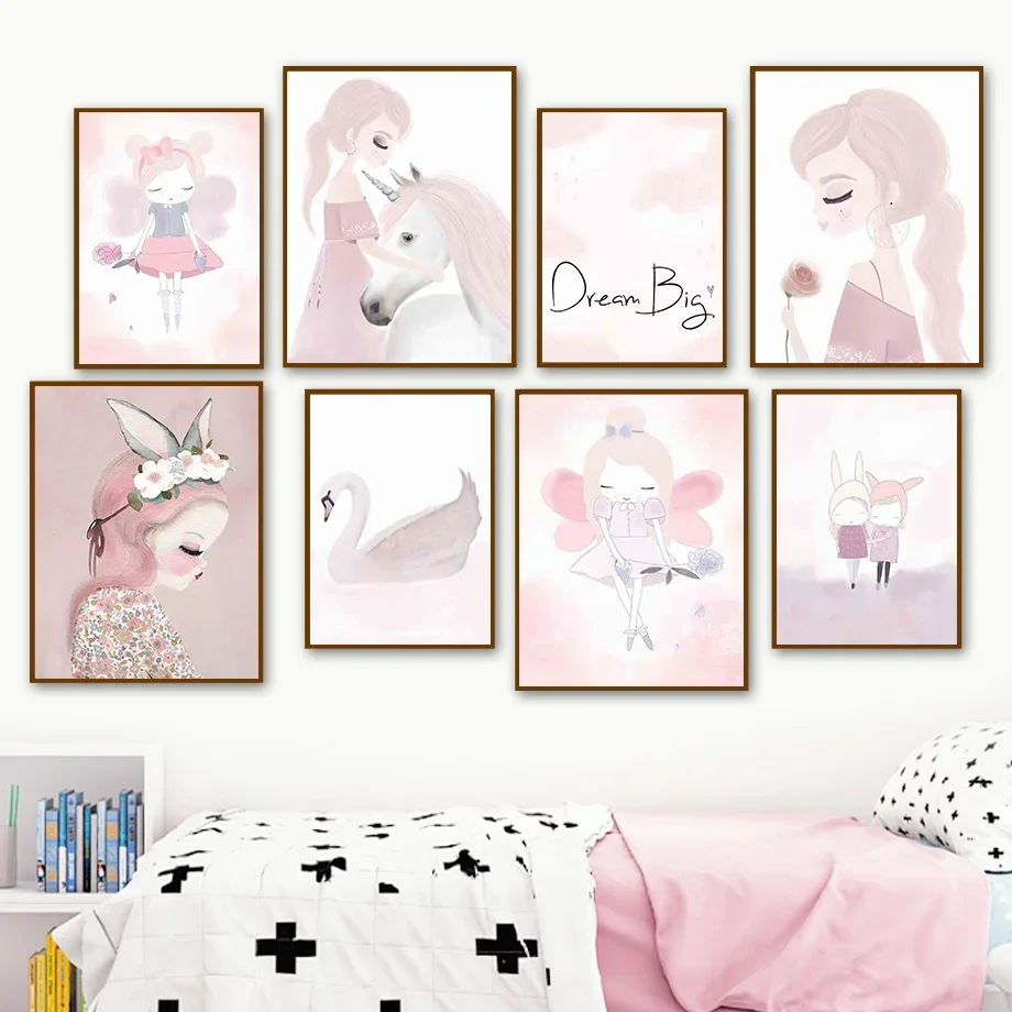 Swan Unicorn Rose Wings Girl Princess Wall Art Canvas Painting Nordic Poster E Stampe Immagini A Parete Kids Room Nursery Decor