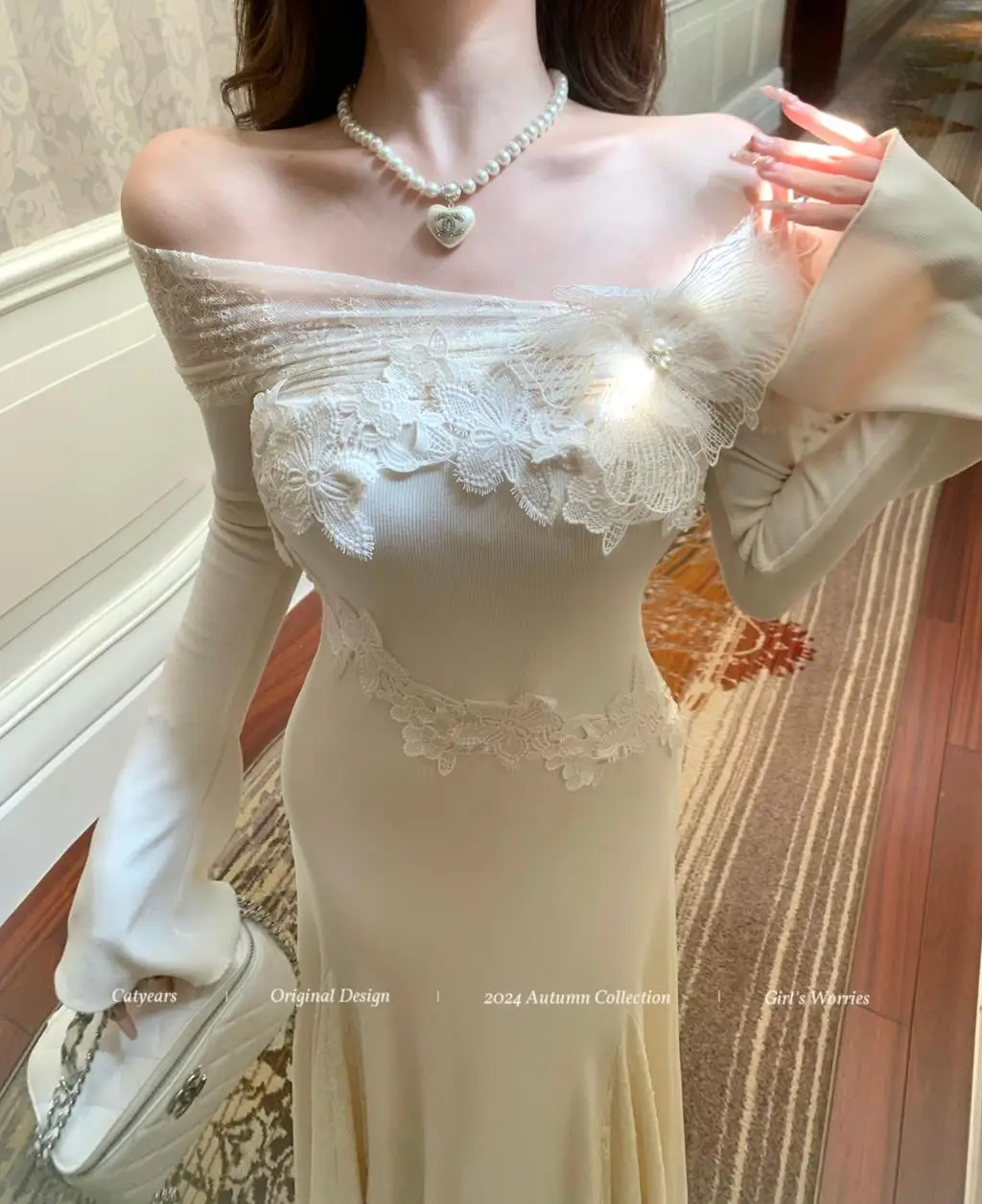 Vestidos de punto nuevos de otoño e invierno para mujer, cuello alto, manga acampanada, encaje de retazos, corte sirena, moda coreana, Vestidos para mujer