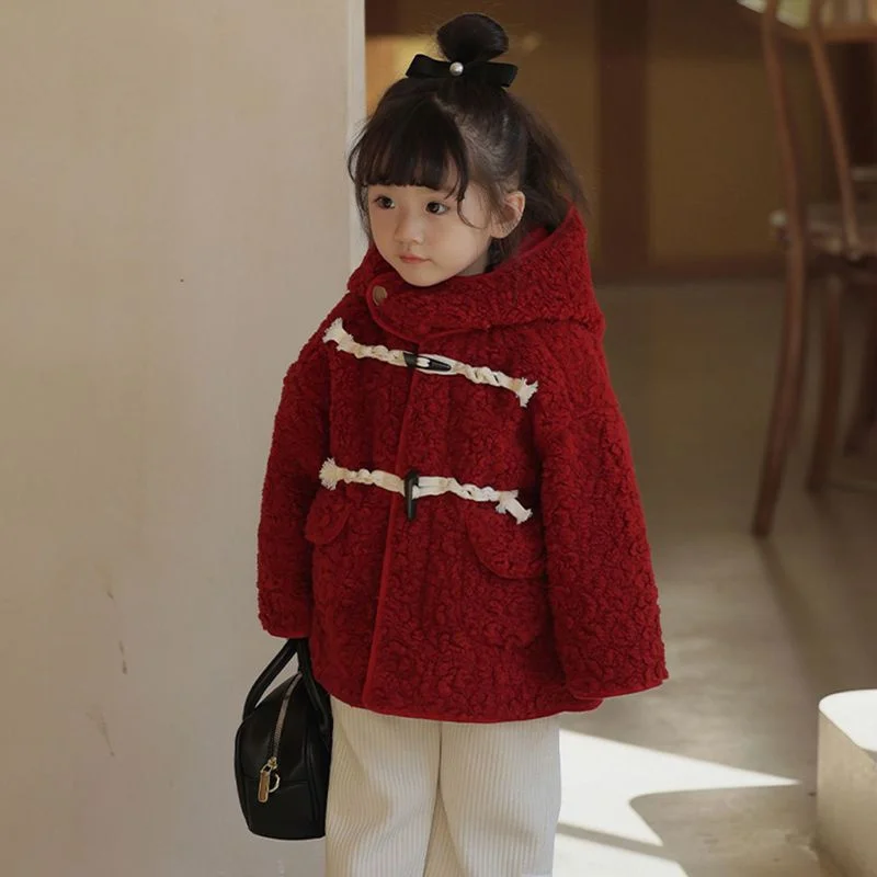 

Girls Coat Jacket Winter Cotton Windbreak 2023 Red Wine Warm Plus Thicken Furs Overcoat Teenagers Formal Children's Clothing