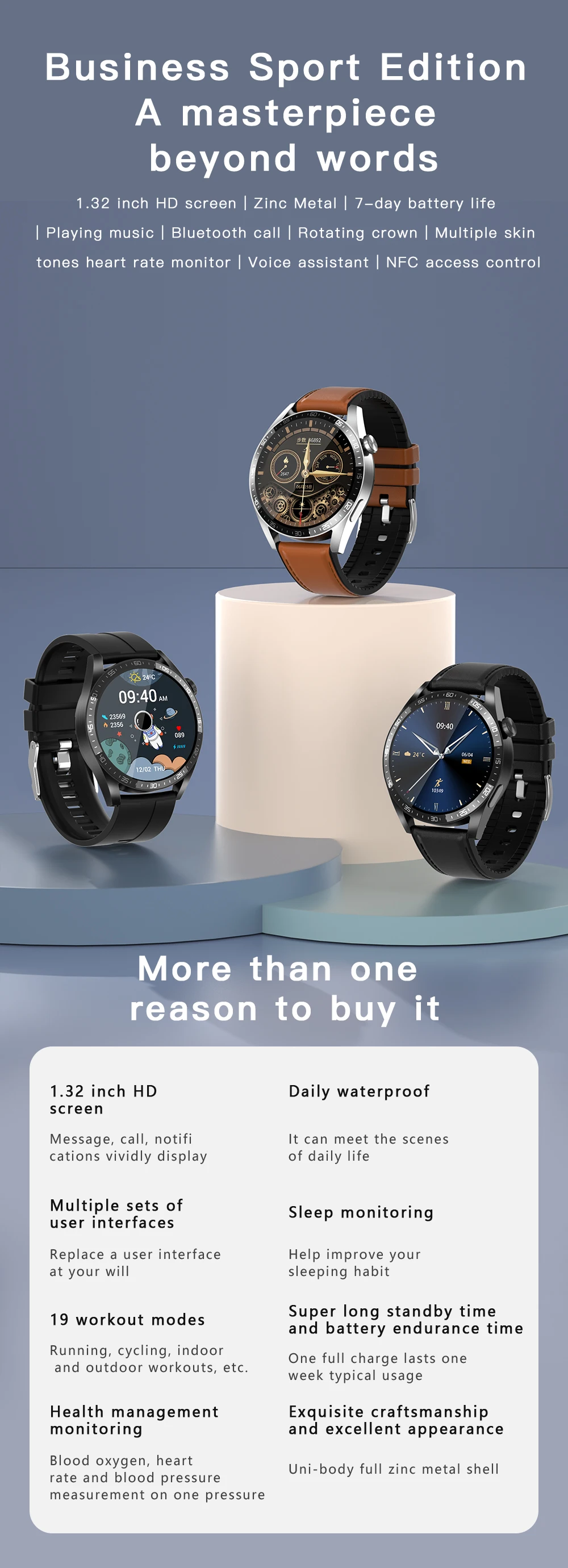 2020 New Smart Watch BT Calling Music Player AI Vice NFC Assistant Heart Rate Blood Oxygen Men Smartwatch Health Tracker+Box