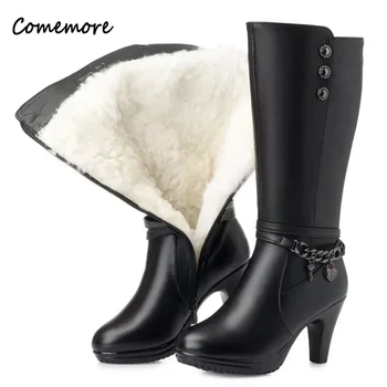 Comemore 여성용 진짜 가죽 오토바이 부츠, 두꺼운 양모, 따뜻한 겨울 부츠, 럭셔리 신발, 신상 하이힐