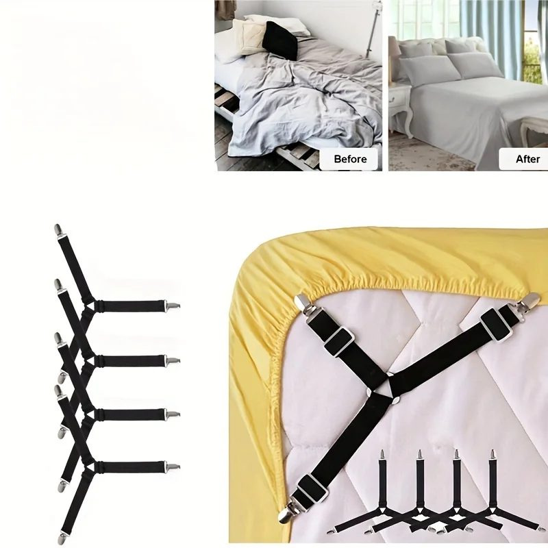Universal Bedsheet Corner Tightener Clips Invisible Bedspread Secure Holder with Heavy-Duty Mattress Straps Sheets Slot Locks 4