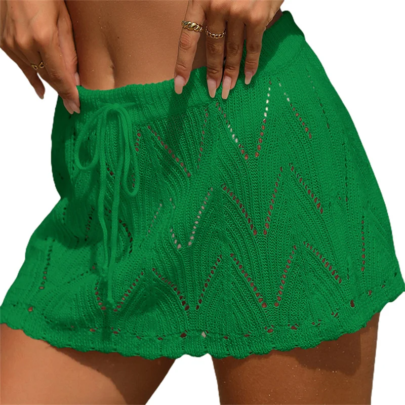 Falda de playa para mujer, de verano, de color liso, con cordón, de cintura alta, de punto, minifalda, traje de baño informal