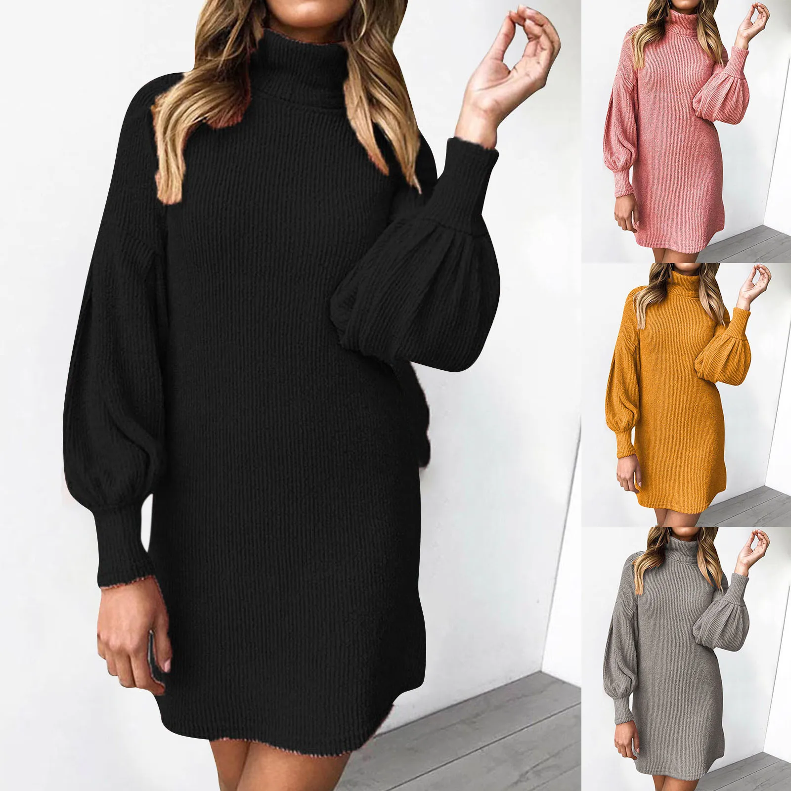 

Women Turtleneck Sweater Knitted Dress Ladies Long Sleeve Jumper Mini Turtleneck Sweater Dresses Party Night Holiday Vestidos